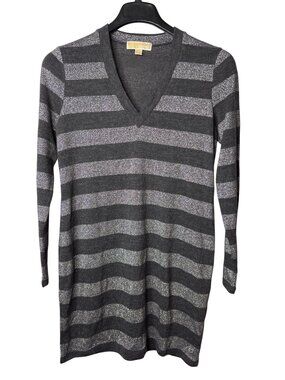 Michael Michael Kors Sweater Dress L Above Knee Striped Grey Silver Metallic